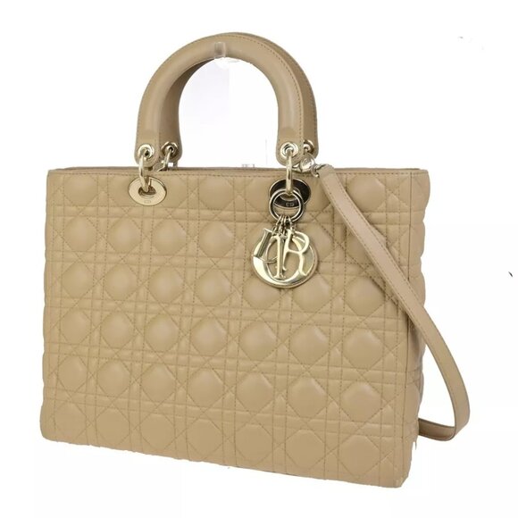 CHRISTIAN DIOR Lady Cannage 2Way Shoulder Hand Tote Bag Leather Beige 689RK841 - Picture 1 of 14